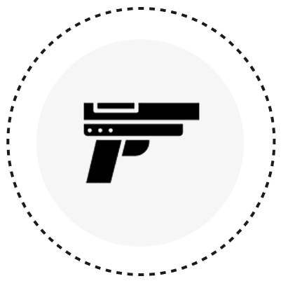 Black gun icon on white circular background.