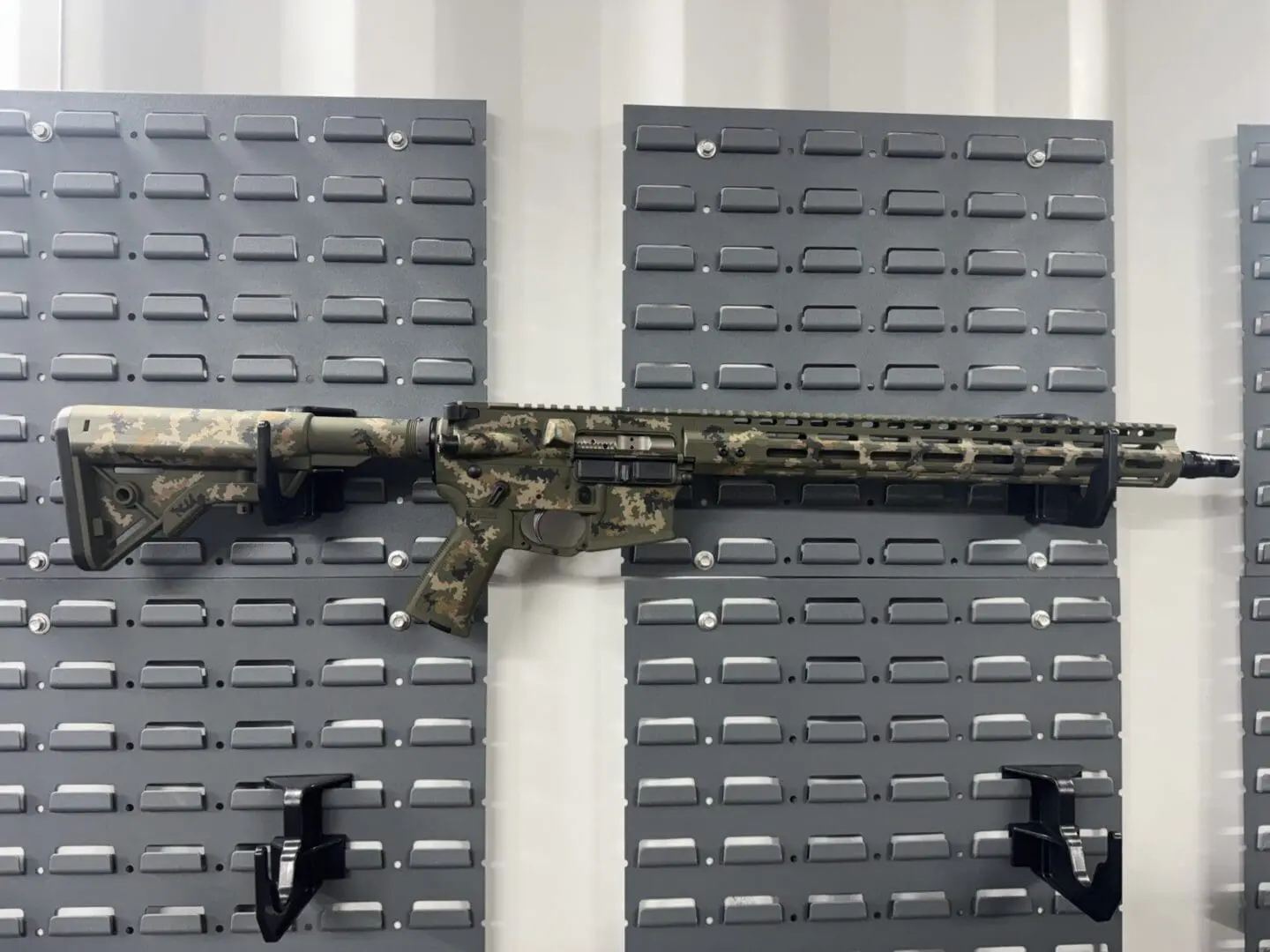 Camouflage AR-style rifle mounted on display panel