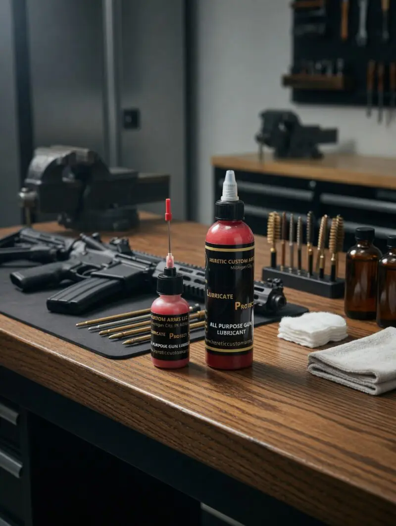Rifle and gun cleaning supplies on workbench